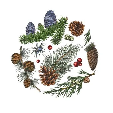 Conifer trees branches with cones collection hand drawn vector round Stock Illustration