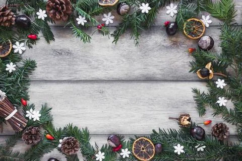 Conifer twigs border table Stock Photos