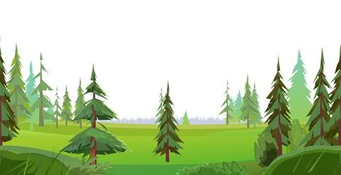 Coniferous Forest. Pine and Spruce Trees on Glade. Isolated on white backgrou Stock Illustration