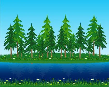 Coniferous riverside wood Stock Illustration
