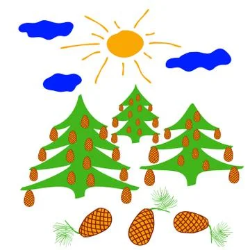 Coniferous tree with big cones illuminated by the sun Stock Illustration