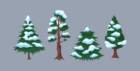 Coniferous trees with snow on branches flat vector objects Stock Illustration