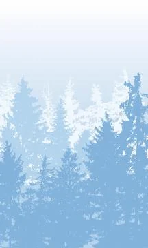Coniferous vertical forest. Beautiful winter landscape. Silhouettes of spru.. Ilustração Stock