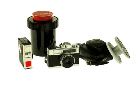 Conjunto de cámara analógica con accesorios. Stock Photos