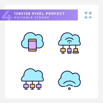 Connect devices to cloud based servers pixel perfect RGB color icons set Stock Illustration