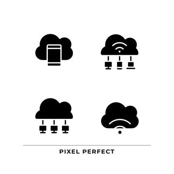 Connect devices to cloud based servers black glyph icons set on white space 스톡 일러스트