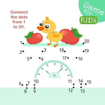 Connect dots from 1 to 20. Educational game. Duckling on scales. Activity page f Stock Illustration