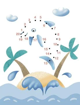 Connect dots from 1 to 20. Educational math game. Cute dolphin in sea and island Illustrazione stock