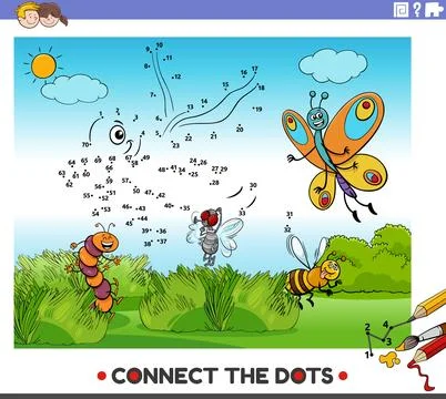 Connect the dots activity with cartoon insects animal characters Ilustração Stock