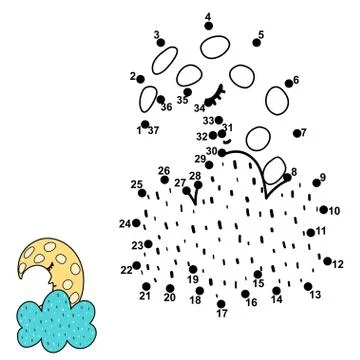 Connect the dots and draw a cute sleeping moon behind the cloud Stock Illustration