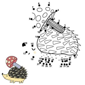 Connect the dots and draw a cute hedgehog carrying a mushroom on its back Stock Illustration