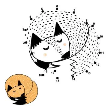 Connect the dots and draw a cute sleeping fox Stock Illustration