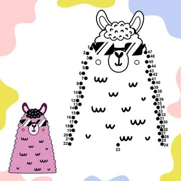 Connect the dots and draw a cute llama in sunglasses. Number game for children Stock Illustration