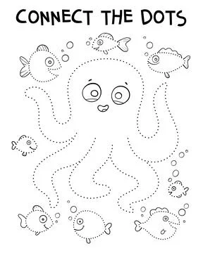 Connect the dots and draw cute cartoon octopus 스톡 일러스트