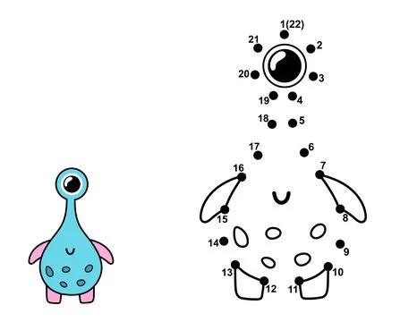 Connect the dots and draw a cute alien character. Join the numbers activity page Stock Illustration