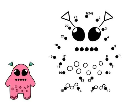Connect the dots and draw a cute alien character. Join the numbers activity page Stock Illustration