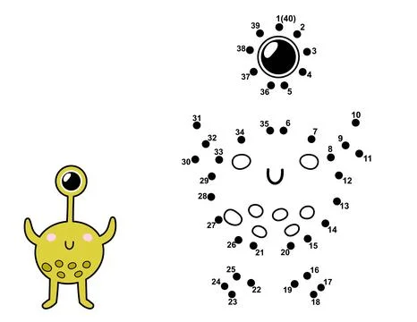Connect the dots and draw a cute alien character. Join the numbers activity page Stock Illustration