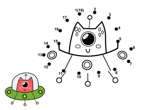 Connect the dots and draw a cute alien in flying saucer. Space dot to dot game Stock Illustration