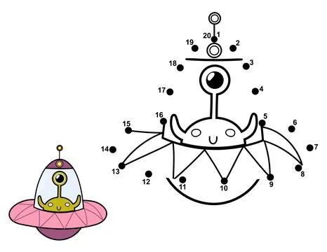 Connect the dots and draw a cute alien in flying saucer. Space dot to dot game Stock Illustration