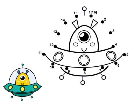 Connect the dots and draw a cute alien in flying saucer. Space dot to dot game Stock Illustration