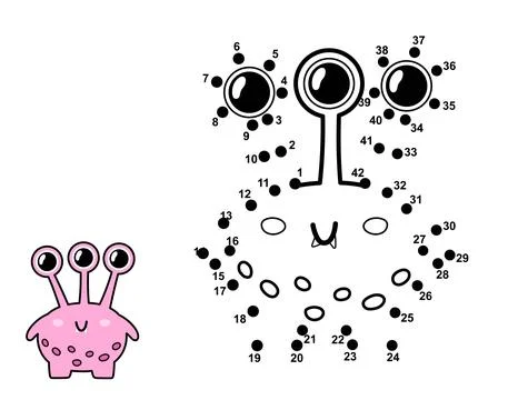Connect the dots and draw a cute alien character. Join the numbers activity page Stock Illustration