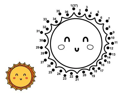 Connect the dots and draw cute sun character. Space dot to dot game Stock Illustration