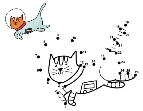 Connect the dots and draw a cute cat astronaut. Space dot to dot game Illustrazione stock