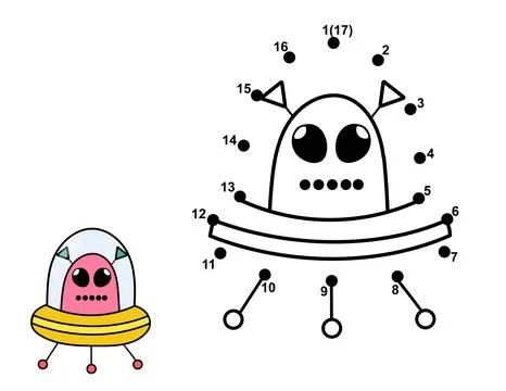 Connect the dots and draw a cute alien in flying saucer. Space dot to dot game Stock Illustration