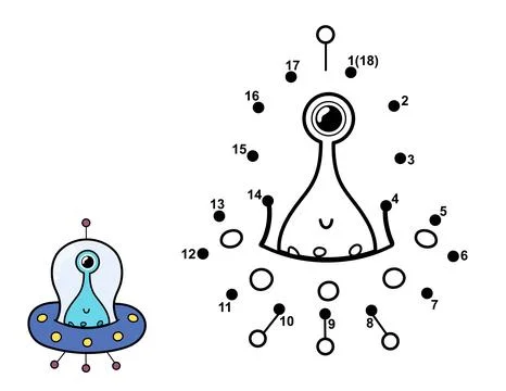 Connect the dots and draw a cute alien in flying saucer. Space dot to dot game 库存插图
