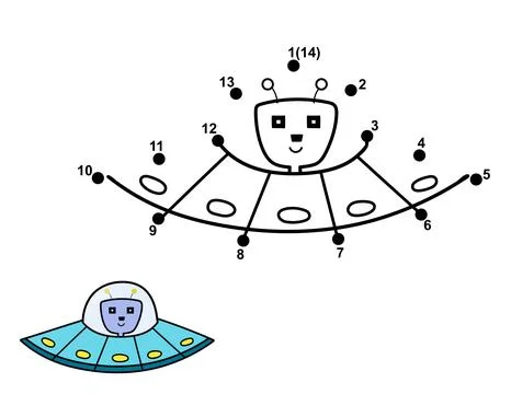 Connect the dots and draw a cute alien in flying saucer. Space dot to dot game Stock Illustration