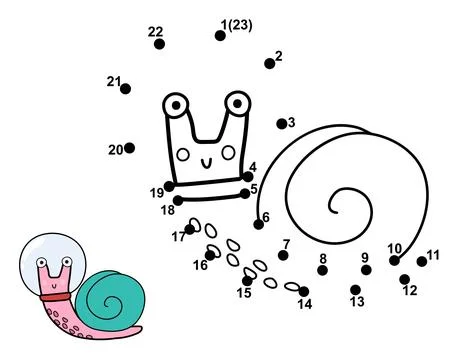 Connect the dots and draw a cute snail astronaut. Space dot to dot number game Stock Illustration