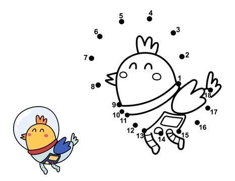 Connect the dots and draw a cute bird astronaut. Space dot to dot game Stock Illustration