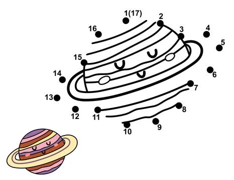 Connect the dots and draw a cute planet Saturn. Space dot to dot game Stock Illustration