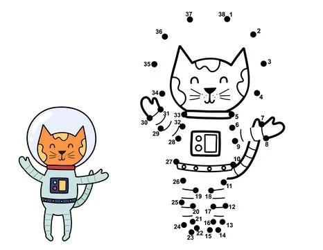 Connect the dots and draw a cute astronaut cat. Space dot to dot number game Stock Illustration