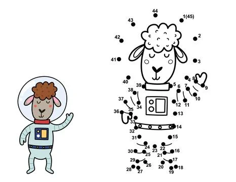 Connect the dots and draw a cute sheep astronaut. Space dot to dot number game Stock Illustration