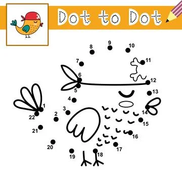 Connect the dots and draw a cute bird pirate. Dot to dot game Stock Illustration