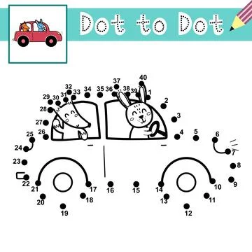 Connect the dots and draw cute rabbit and fox driving a car. Dot to dot game Illustrazione stock