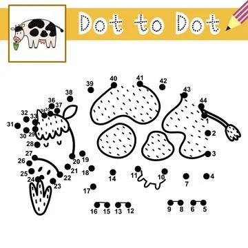 Connect the dots and draw a cute cow. Dot to dot game with a farm animal Stock Illustration