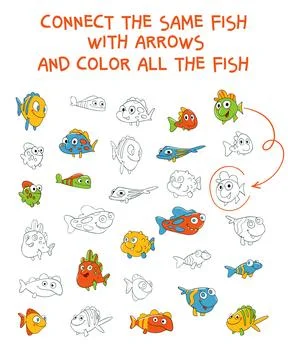 Connect the same fish with the arrows. Matching game. Educational game for .. 库存插图