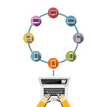 Connect to several computing devices. Share data each other on a cloud networ Stock Illustration