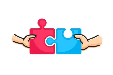 Connect two puzzle pieces. Hands putting two puzzle pieces together. Stock Illustration