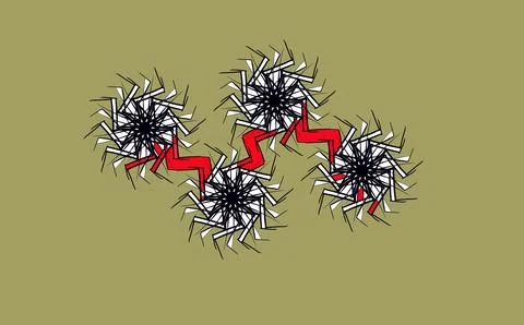 Connected Abstract Black and White Gear Patterns with Red Accents Stock Illustration