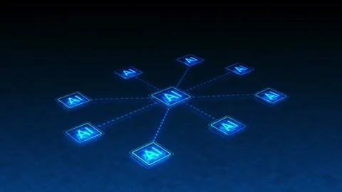 Connected artificial intelligence hub visual bright AI panels, dashed network pa Stock Footage 340565786