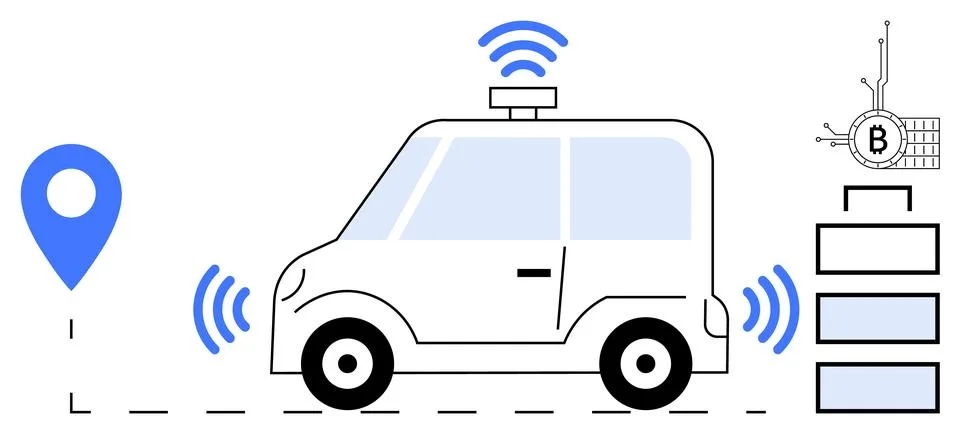 Connected Autonomous Car with Blockchain Technology and GPS Integration Stock Illustration