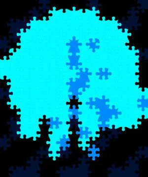 Connected blank puzzle pieces in three different colors in black isolated bac Stock Illustration