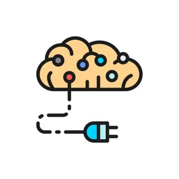 Connected brain to circuit board, artificial intelligence flat color line icon. Stock Illustration