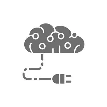 Connected brain to circuit board, artificial intelligence grey icon. Stock Illustration
