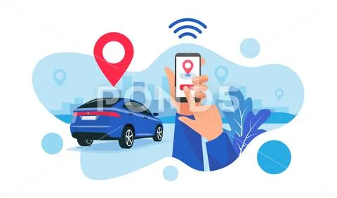 Connected Car City Sharing Service Remote Controlled Via Smartphone App Stock Illustration