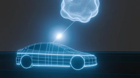 Connected Car Data Transfer to Cloud Close Up 4K Loop Blue Neon Video stock 333051686