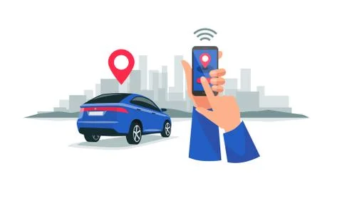 Connected Car Sharing Service Remote Controlled Via Smartphone App Stock Illustration